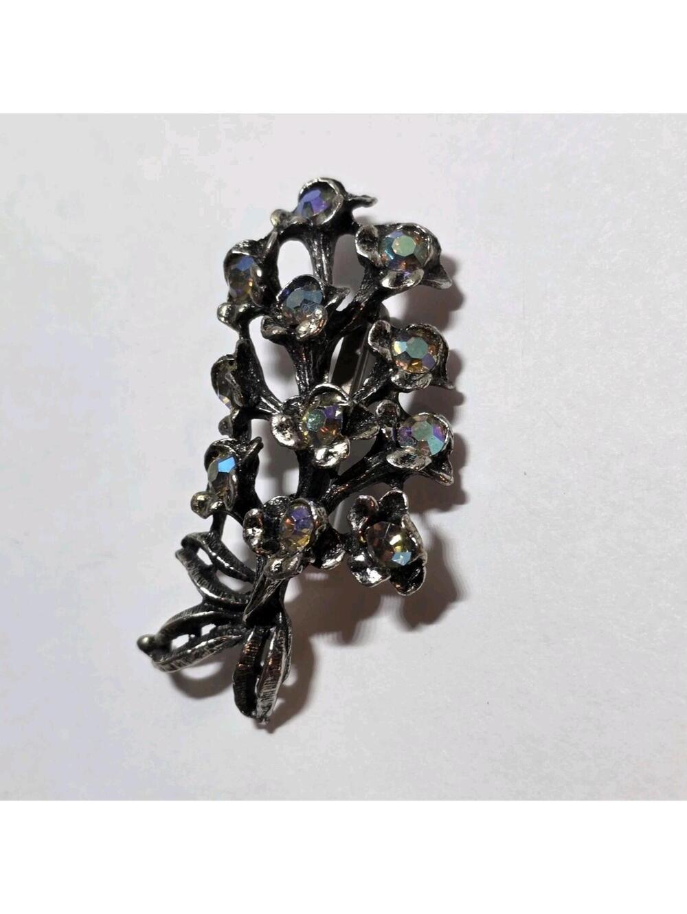 Vintage Silver Tone Aurora Borealis Rhinestone Floral Bouquet Flower Brooch Pin
